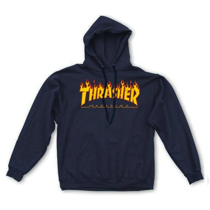 THRASHER MAGAZINE FLAME HOOD PULLOVER NAVY L