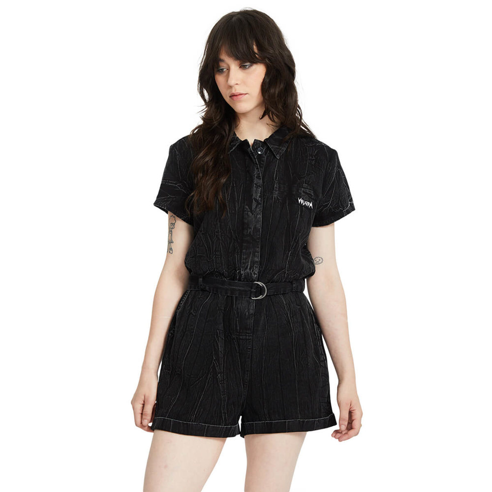 VOLCOM ASPHALT ROMPER BLACK MARBLE WASH S