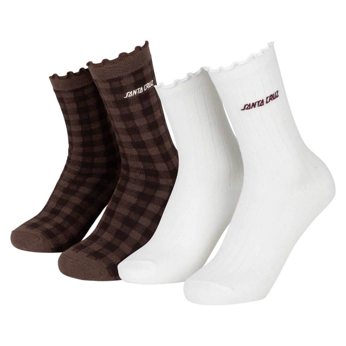SANTA CRUZ STRIP FRILL SOCKS 2PK OFF WHITE & BROWN GINGHAM 4-7